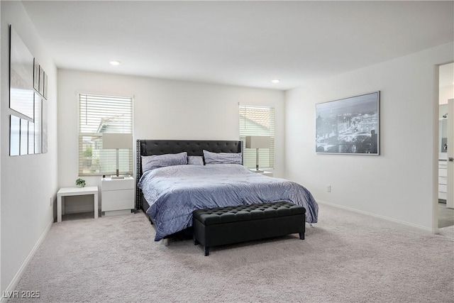 bedroom featuring carpet flooring, recessed lighting, and baseboards