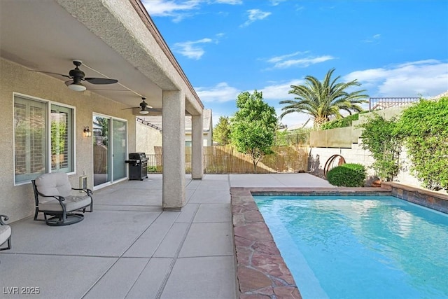 2132 Twin Falls Dr, Henderson, NV 89044 - view of pool with a ceiling fan, a patio area, a fenced backyard, and grilling area