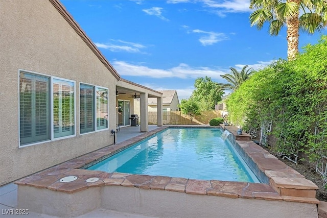 2132 Twin Falls Dr, Henderson, NV 89044 - view of swimming pool with a fenced backyard, a ceiling fan, and a patio