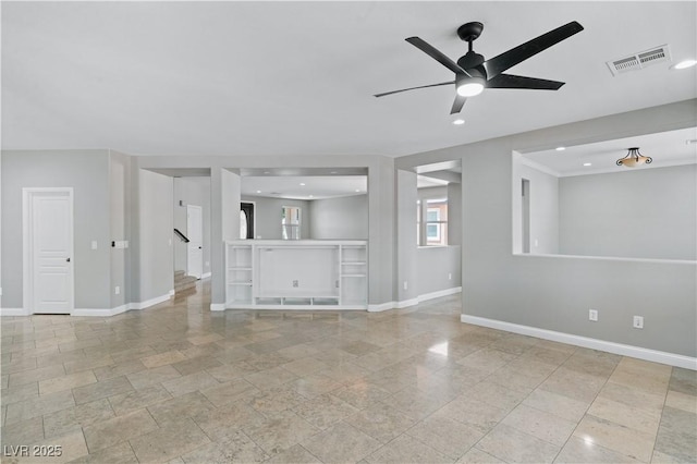 unfurnished living room featuring recessed lighting, stairway, ceiling fan, baseboards, and visible vents