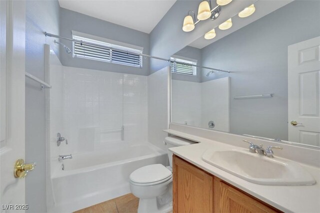 full bath with shower / tub combination, vanity, and toilet