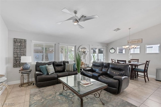 5205 Molveno Ct, Las Vegas, NV 89130 - living room featuring a chandelier, light tile patterned floors, a ceiling fan, and lofted ceiling