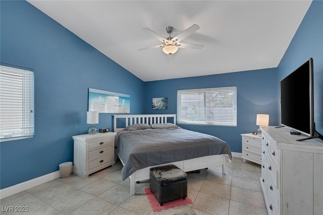 5205 Molveno Ct, Las Vegas, NV 89130 - bedroom with lofted ceiling, a ceiling fan, and light tile patterned floors