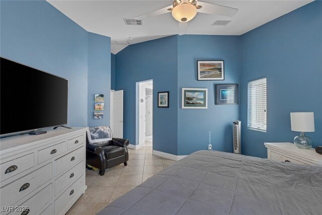 5205 Molveno Ct, Las Vegas, NV 89130 - bedroom with high vaulted ceiling, light tile patterned floors, and ceiling fan