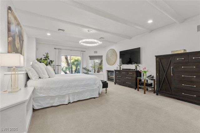 bedroom with visible vents, recessed lighting, beamed ceiling, and light carpet