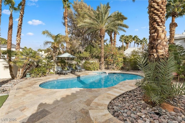 outdoor pool with a patio and a fenced backyard