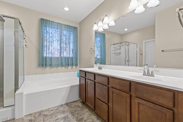 8140 Redbud Vine St, North Las Vegas, NV 89085 - bathroom with a stall shower, double vanity, a bath, and a sink