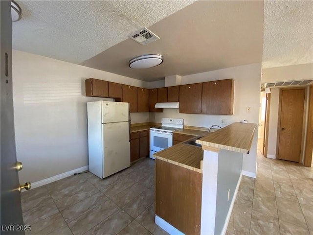 2685 Bryandouglas Dr, Las Vegas, NV 89121 - kitchen with white appliances, a textured ceiling, under cabinet range hood, a peninsula, and a sink