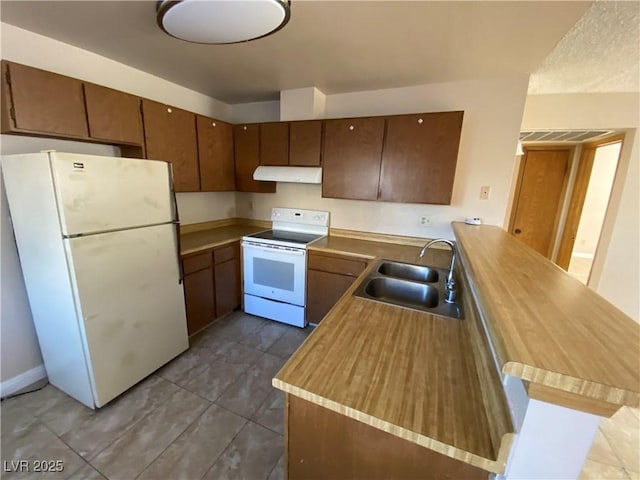 2685 Bryandouglas Dr, Las Vegas, NV 89121 - kitchen featuring white appliances, under cabinet range hood, a sink, a peninsula, and dark tile patterned flooring