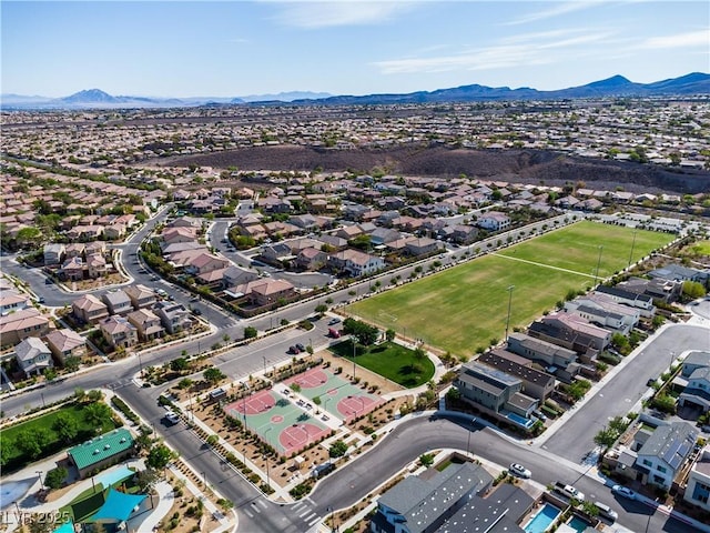 bird's eye view featuring a residential view and a mountain view