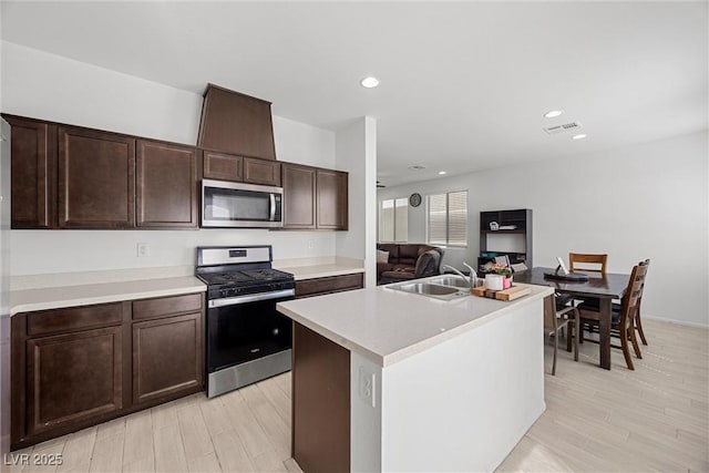 kitchen featuring dark brown cabinetry, a sink, light countertops, stainless steel appliances, and visible vents