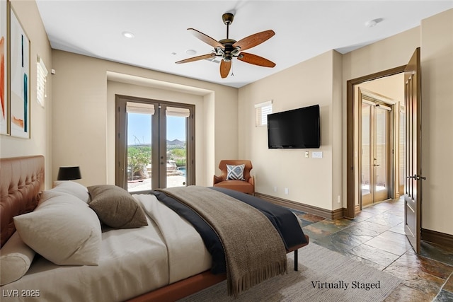 bedroom featuring recessed lighting, stone tile floors, access to exterior, baseboards, and french doors