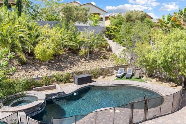 12254 Cape Cortez Ct, Las Vegas, NV 89138 - view of pool featuring a fenced backyard, a pool with connected hot tub, and a patio area