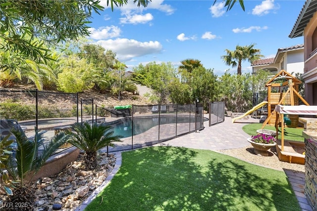 12254 Cape Cortez Ct, Las Vegas, NV 89138 - view of pool with a patio area, a yard, a fenced in pool, a playground, and fence