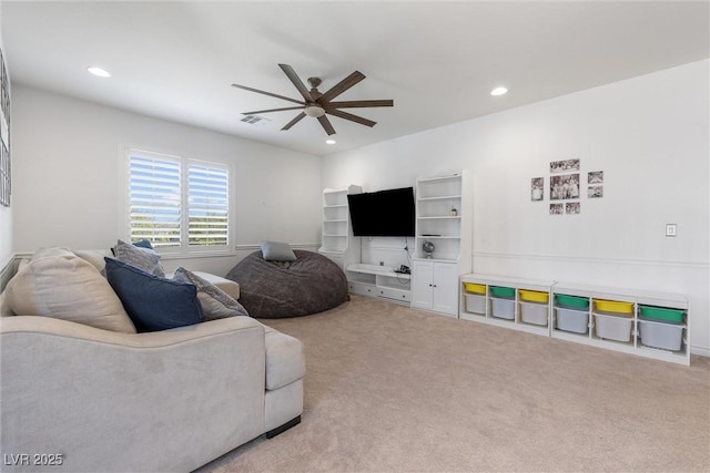 12254 Cape Cortez Ct, Las Vegas, NV 89138 - carpeted living area featuring visible vents, a ceiling fan, and recessed lighting