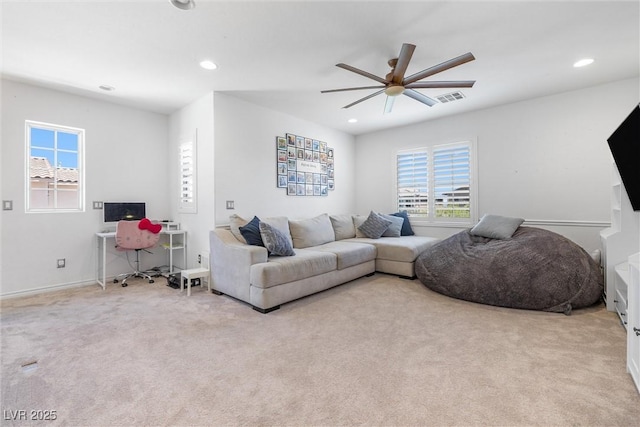12254 Cape Cortez Ct, Las Vegas, NV 89138 - carpeted living room featuring recessed lighting, a ceiling fan, visible vents, and baseboards