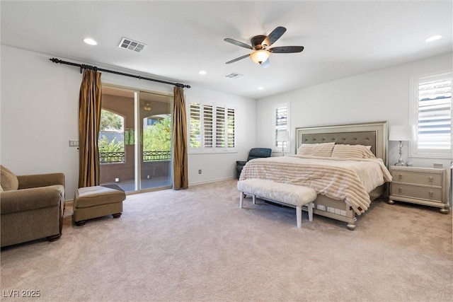 12254 Cape Cortez Ct, Las Vegas, NV 89138 - bedroom with visible vents, access to exterior, light colored carpet, and recessed lighting