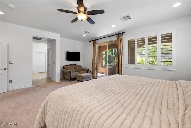 12254 Cape Cortez Ct, Las Vegas, NV 89138 - bedroom featuring recessed lighting, access to exterior, visible vents, and light carpet