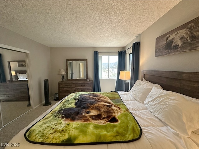 carpeted bedroom with a textured ceiling