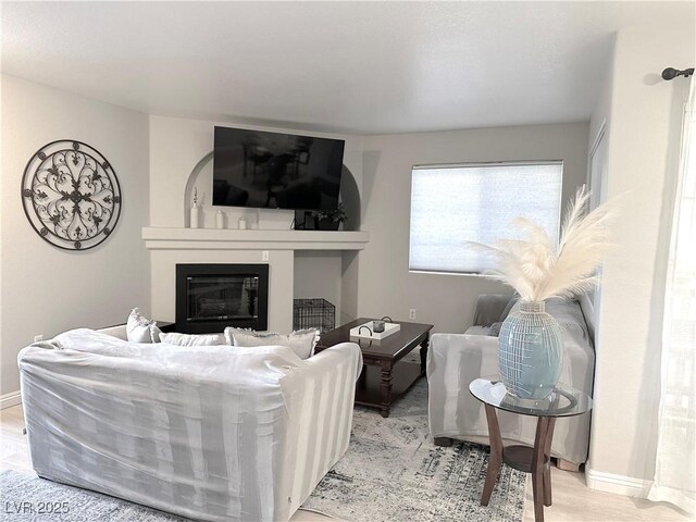 living area with baseboards, wood finished floors, and a glass covered fireplace