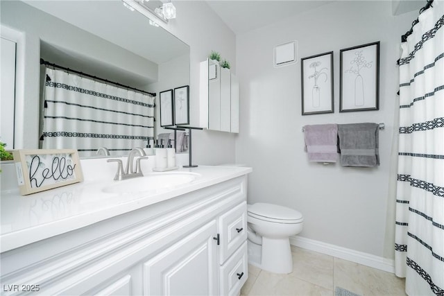 full bathroom with a shower with curtain, baseboards, toilet, tile patterned floors, and vanity