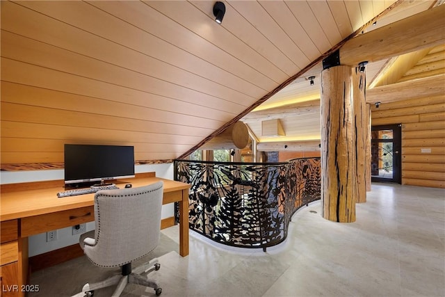 office space featuring lofted ceiling, log walls, concrete flooring, and wood ceiling