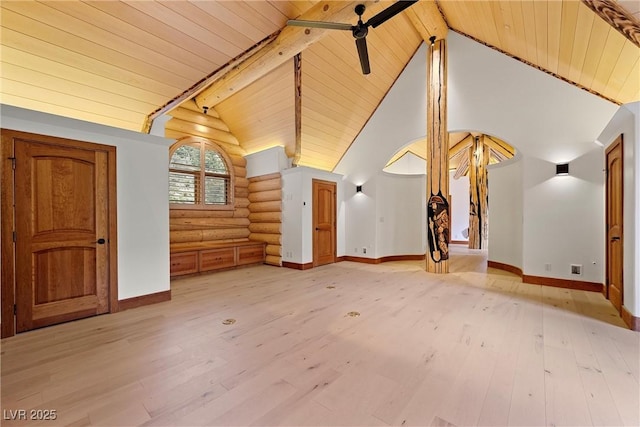 additional living space featuring wood ceiling, log walls, beam ceiling, light wood-style flooring, and baseboards