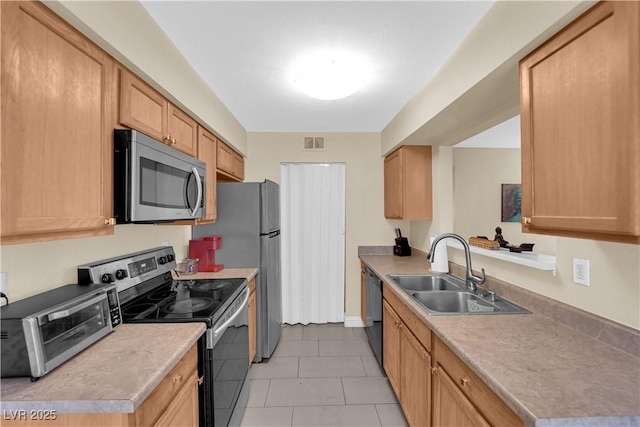 kitchen with a toaster, stainless steel appliances, a sink, visible vents, and light tile patterned flooring