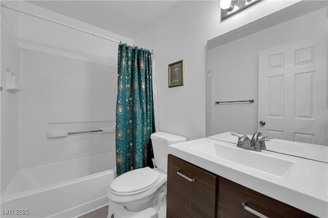 bathroom with shower / bath combo with shower curtain, toilet, and vanity