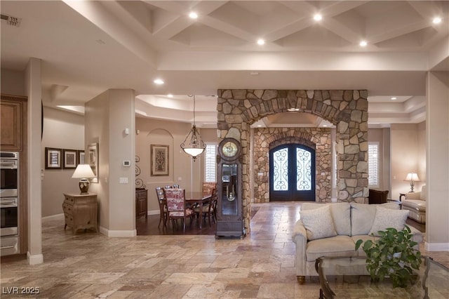 entryway with recessed lighting, coffered ceiling, baseboards, visible vents, and french doors