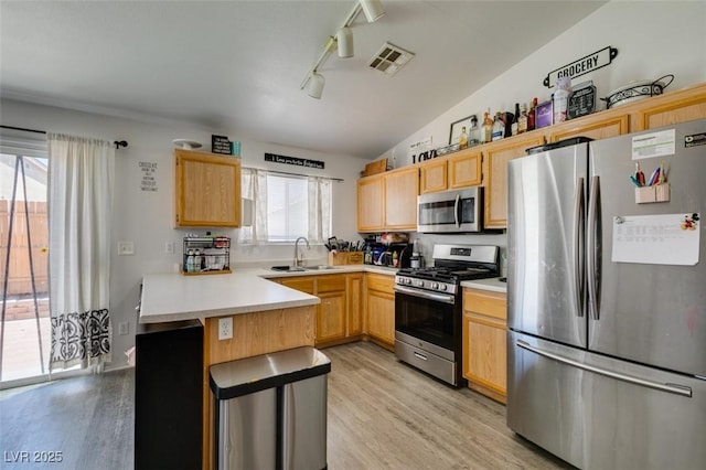 kitchen featuring appliances with stainless steel finishes, light countertops, light wood finished floors, a sink, and a peninsula