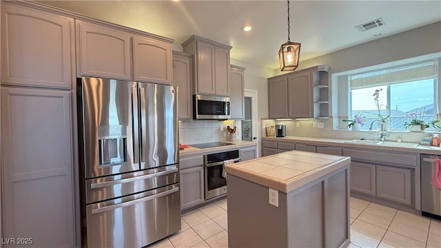 kitchen with decorative backsplash, a sink, visible vents, stainless steel appliances, and tile countertops