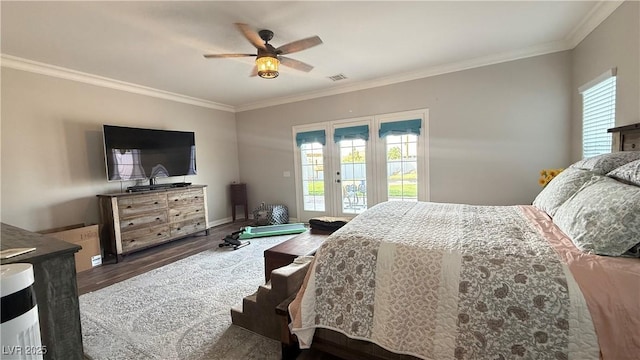 bedroom featuring access to outside, a ceiling fan, visible vents, ornamental molding, and wood finished floors