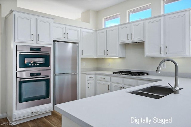 10657 Sapphire Vista Ave, Las Vegas, NV 89144 - kitchen featuring white cabinets, stainless steel appliances, light countertops, and a sink