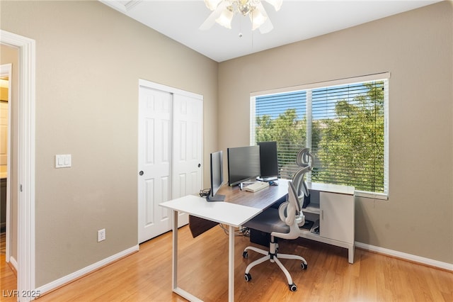 office featuring a ceiling fan, light wood finished floors, and baseboards