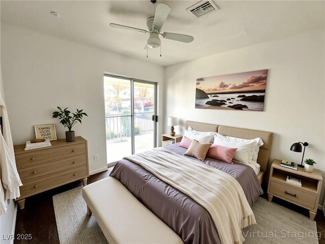 3550 Bay Sands Dr Unit 1005, Laughlin, NV 89029 - bedroom featuring access to exterior, wood finished floors, and a ceiling fan