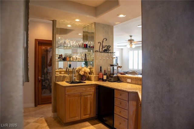 9905 Fox Springs Dr, Las Vegas, NV 89117 - indoor wet bar featuring refrigerator, ceiling fan, and recessed lighting
