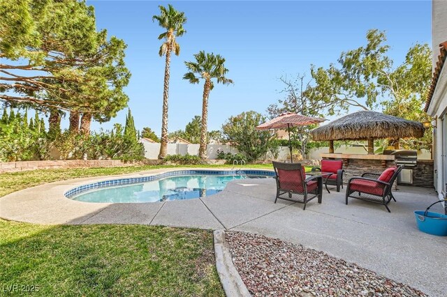 9921 Heffner Hills Cir, Las Vegas, NV 89117 - view of pool featuring an outdoor kitchen, an outdoor living space, a fenced in pool, a fenced backyard, and a patio