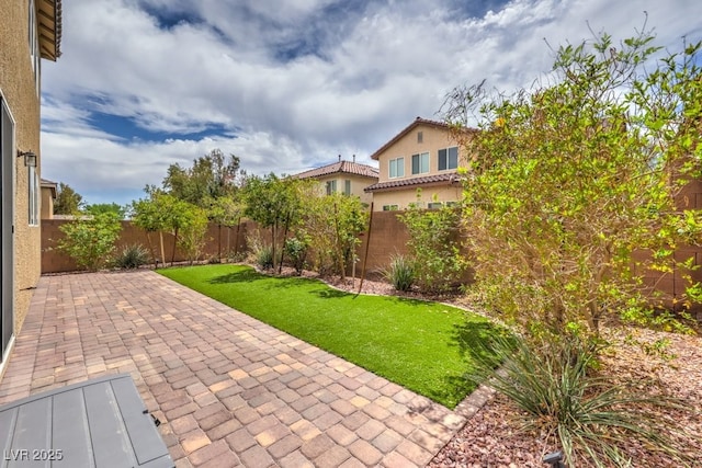 view of yard featuring a patio and a fenced backyard