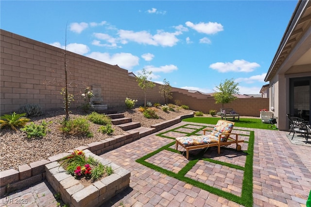 view of yard featuring a fenced backyard and a patio area