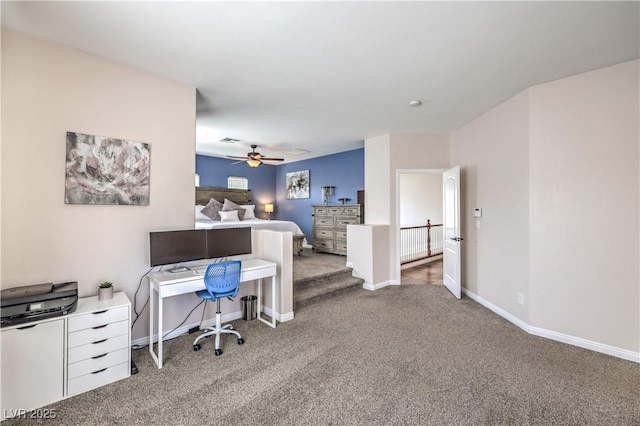 office area featuring visible vents, ceiling fan, carpet, and baseboards