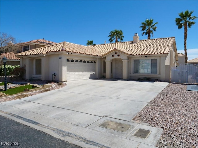 6508 Alpine Forest Ct, Las Vegas, NV 89149 - mediterranean / spanish-style home with stucco siding, a tiled roof, a garage, a chimney, and driveway