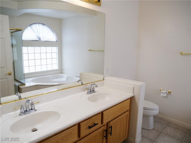 6508 Alpine Forest Ct, Las Vegas, NV 89149 - bathroom with toilet, a garden tub, tile patterned floors, double vanity, and a shower with door
