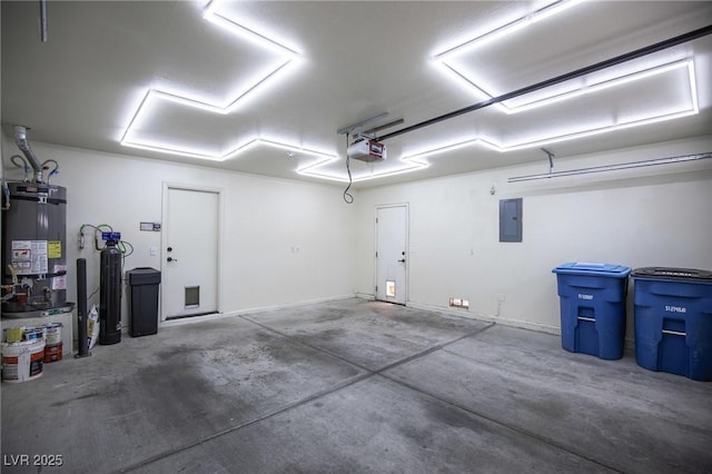 garage with electric panel, water heater, and a garage door opener