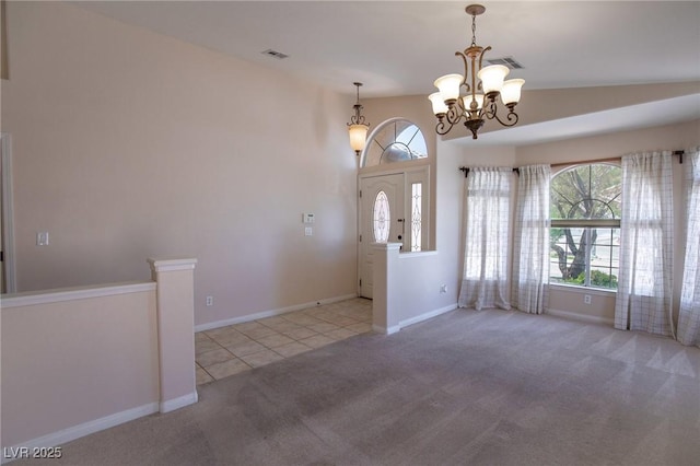 tiled foyer featuring carpet, baseboards, visible vents, a notable chandelier, and lofted ceiling