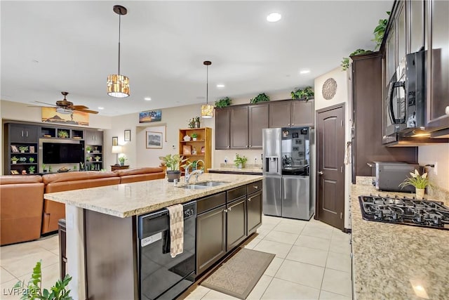 kitchen featuring black appliances, ceiling fan, light tile patterned flooring, and a sink
