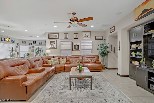 living area with light tile patterned floors, recessed lighting, ceiling fan, and visible vents