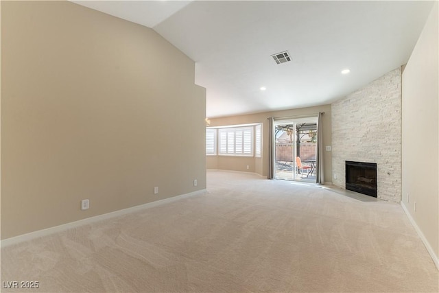 5005 Chambliss Dr, Las Vegas, NV 89130 - unfurnished living room featuring light colored carpet, a fireplace, baseboards, recessed lighting, and lofted ceiling