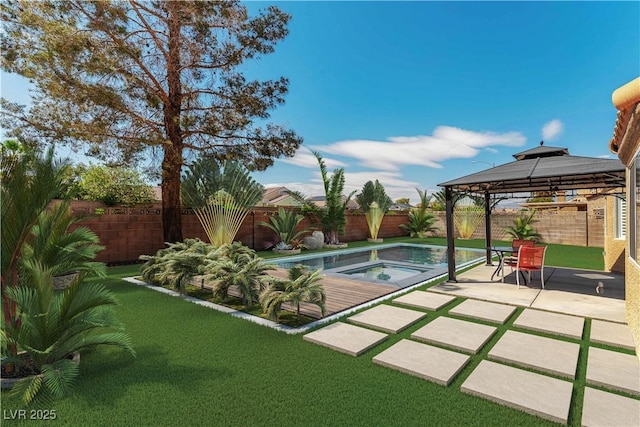 5005 Chambliss Dr, Las Vegas, NV 89130 - view of swimming pool with a gazebo, a fenced backyard, a patio area, and an in-ground hot tub