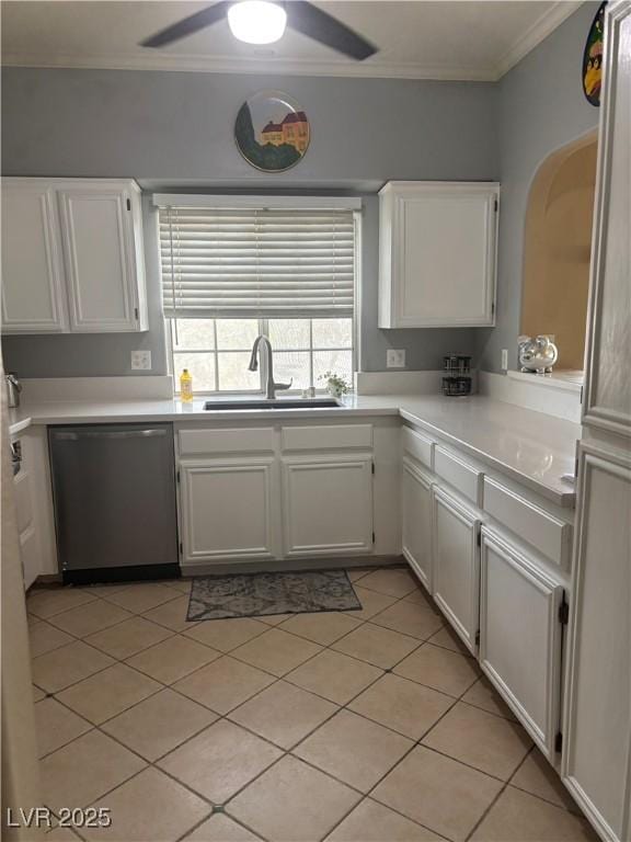 1851 Hillpointe Rd Unit 2621, Henderson, NV 89074 - kitchen featuring stainless steel dishwasher, white cabinetry, crown molding, and a sink